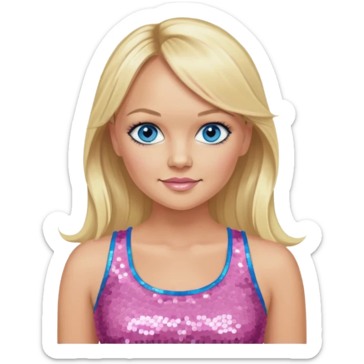 Emma Bunton with long blonde ponytail hair, blue eye, pink sequin crop top sticker