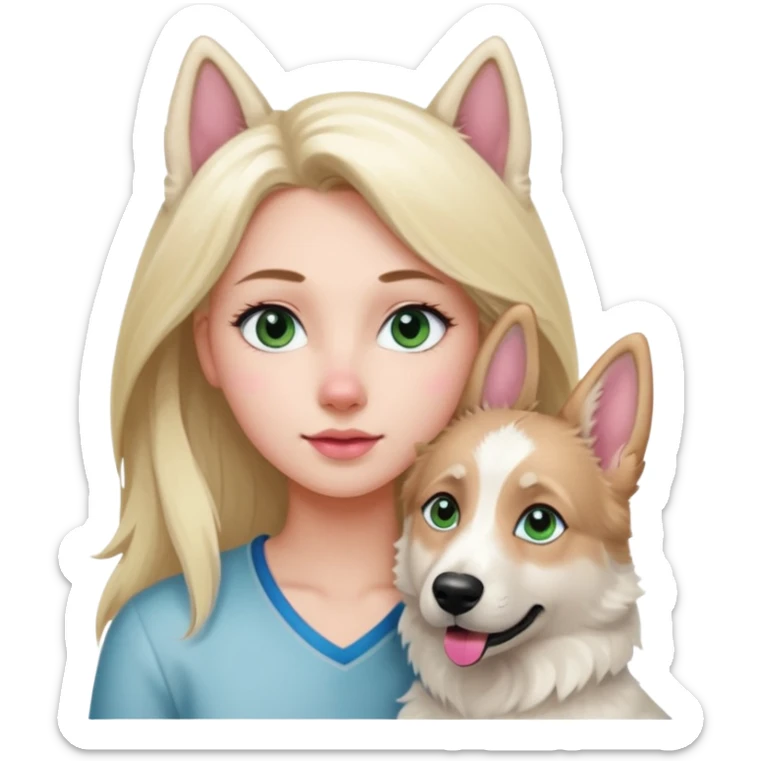 White European young woman with blue-green eyes and long blond hair with her white German Shepherd dog,the Dog hast a pink nose and short fur  and Brown eyes sticker
