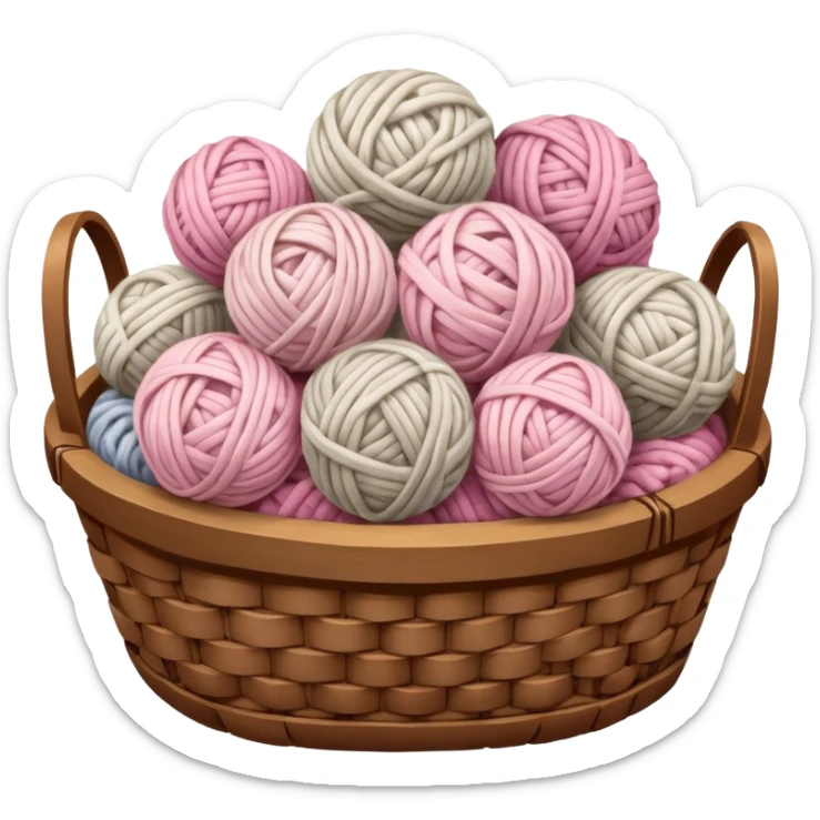 detailed, hyperrealism, still life beautiful ball of chunky white to light pink color wool, placed in realistic vintage wooden basket, with other types of wool, to knit a blanket. Transparent background  sticker