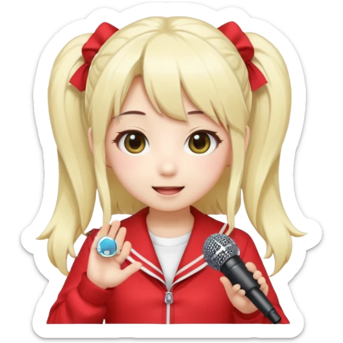 Cute kawaii emoji-style Japanese K-pop singer girl, long platinum blonde hair in twin tails, red outfit, holding a microphone, Japanese K-pop idol vibes, big sparkling eyes, chibi proportions, clean lineart, pastel colors, cheerful idol smile, sticker/emoji style, transparent background sticker