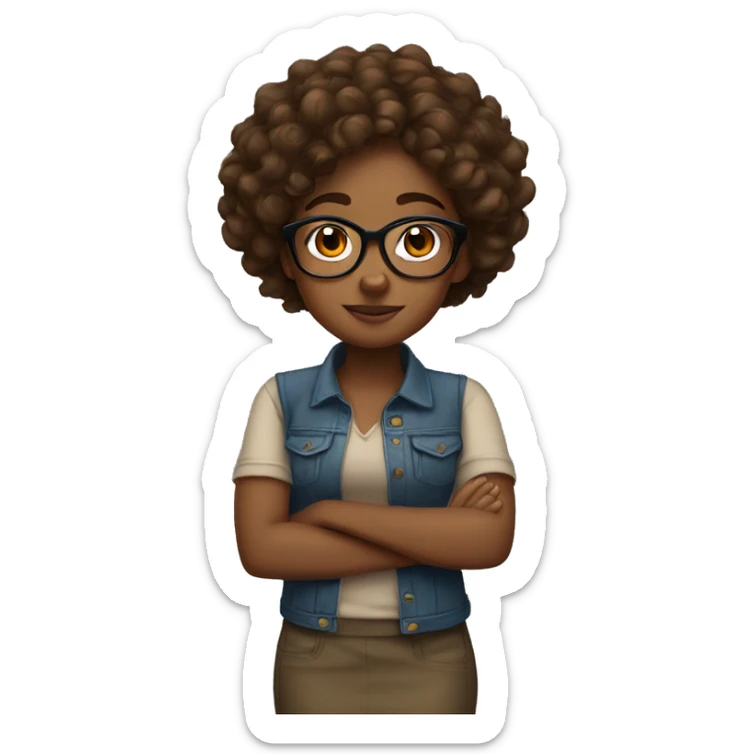 Brown girl with curly brown hair wearing glasses and arms folded sticker