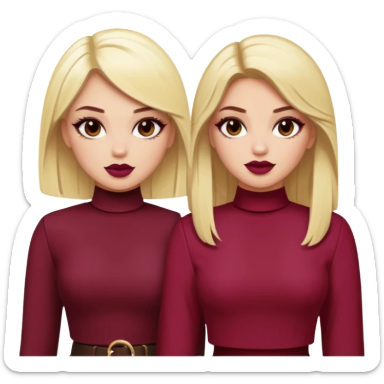 Boujy baddie best friends blonde and brunette, trendy heavy makeup, burgundy clothes sticker