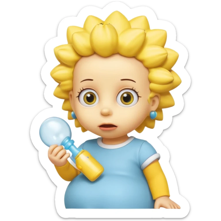 A 3D cartoon baby character fully yellow skin, styled like Maggie Simpson, with pacifier, big eyes, smooth shading, Memoji-style rendering, consistent with other yellow Simpsons characters. sticker