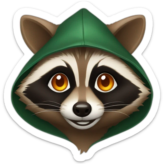 brown raccoon with orange eyes and a dark green hood that is smiling sticker
