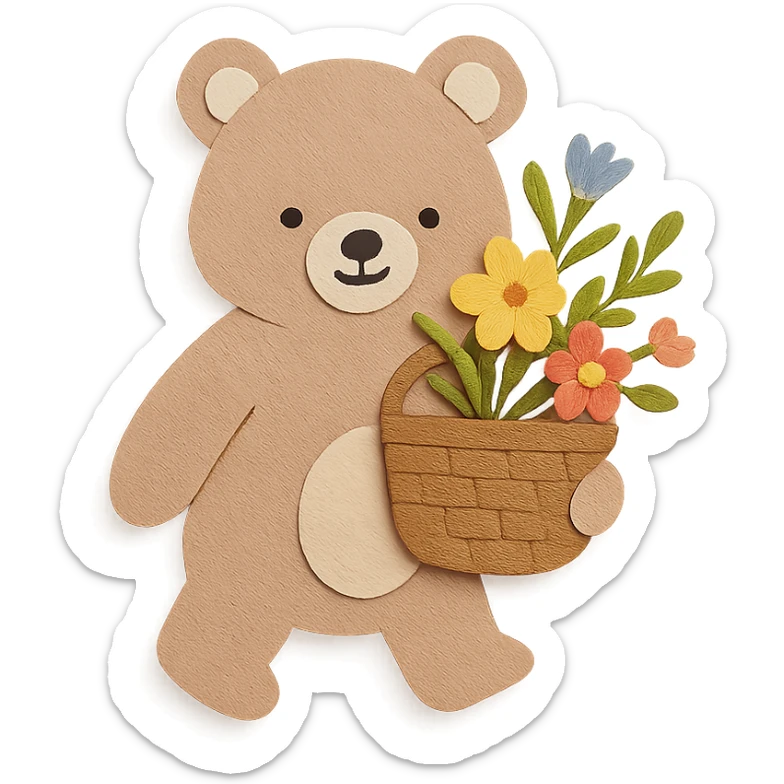 bear carrying a basket of wildflowers, soft pastel brown and cream, paper craft style sticker