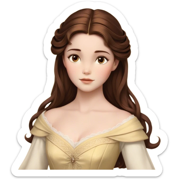 Cinematic Realistic Belle Portrait, depicted with lifelike skin texture, soft natural lighting, and intricately detailed brown hair styled elegantly. Her deep, expressive eyes exude warmth and intelligence, complemented by a serene and graceful expression. She is dressed in her classic attire, with rich fabric textures and delicate folds that catch the light beautifully. The portrait features a soft, enchanting glow with a natural, radiant finish, capturing the essence of timeless beauty in a realistic and painterly style, evoking a sense of depth and authenticity. sticker