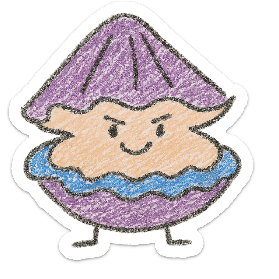 Cute oyster with a proud expression, chin raised, small smile, in children doodle style, transparent background. sticker