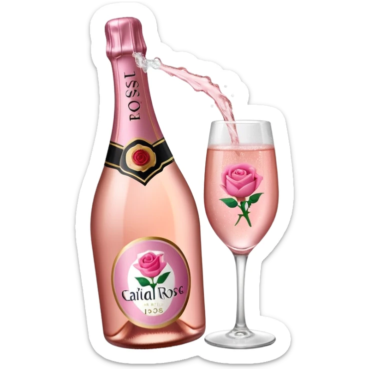 bottle of sparkling rose champagne tilted up and to the right, with a rose logo sticker