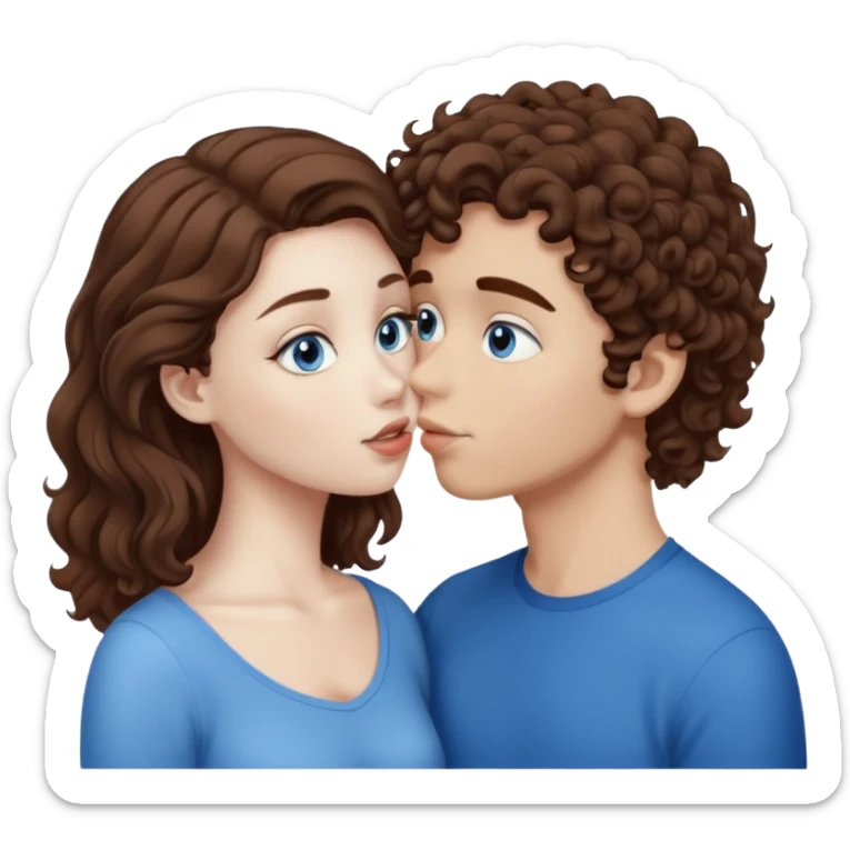 A girl with white skin and straight brown hair, kissing a boy with brown hair with curls, white skin and blue eyes sticker