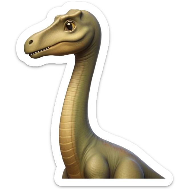 Cinematic Noble Brachiosaurus Portrait Emoji, Poised and majestic, with a towering, elongated neck stretching gracefully from a robust, column-like body, a small, gentle head with curious eyes, and subtle, textured skin in earthy tones, Simplified yet sharply defined features, highly detailed, glowing with a soft, golden radiance, high shine, intelligent and serene, stylized with an air of prehistoric grandeur, focused and calm, soft glowing outline, capturing the essence of a watchful and confident Brachiosaurus that appears ready to gracefully emerge from the screen with effortless power! sticker