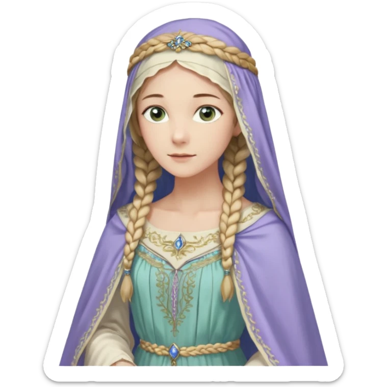 Joven de unos 30 años, de aspecto dulce y elegante.
Piel clara, ojos (pueden ser azules o verdes)
Rubio o castaño claro, largo, con trenzas o velo.
Vestido largo de tonos suaves (blanco, azul o lavanda), con bordados dorados; un manto o toca fina cubriendo la cabeza. Que se vea todo el cuerpo sticker