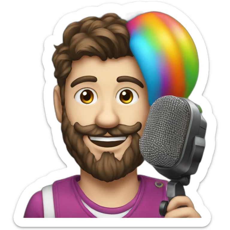 young brunette radio presenter with beard and with radio station  microphone in his hand with his face made up as a clown sticker