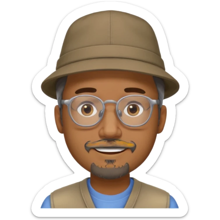 Brown man with hat no hair, but gray goatee, clear glasses and slightly smiling sticker