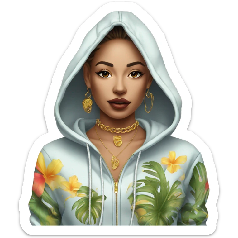 Trendy lady tropical baroque hoodie with tattoos and gold chain sticker