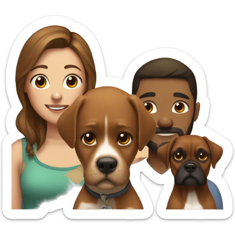 a girl with brown hair, a man with short buzz brown hair with a beard, sitting, with two brown boxer dogs sticker
