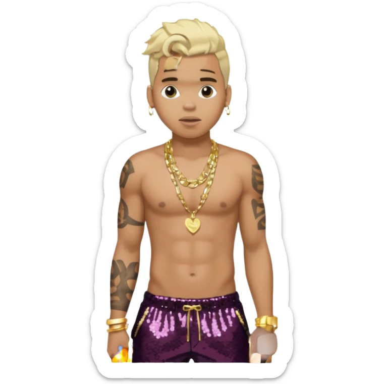 Chris Brown with blonde hair, dark brown sequin baggy pants, shirtless with necklace sticker