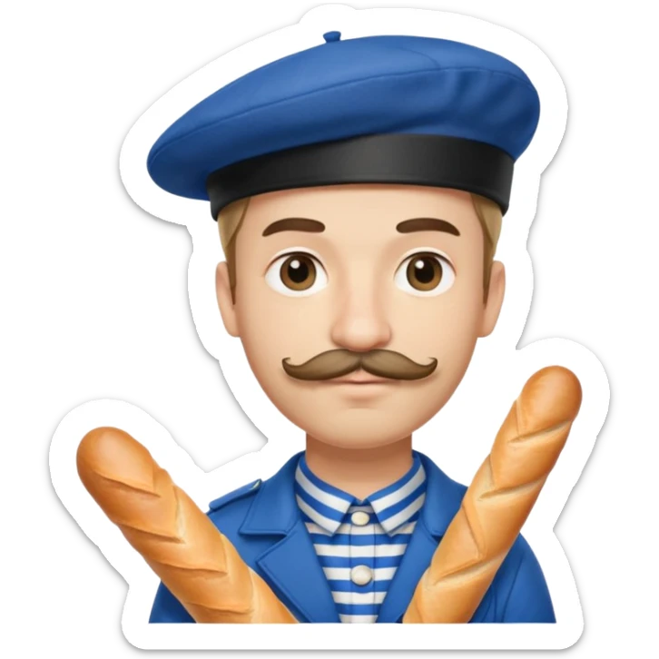 French man with blue and white striped shirt, black beret, holding a baguette, mustache sticker