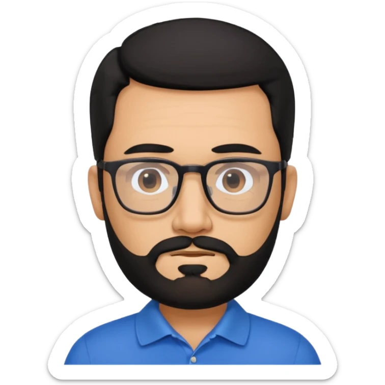 A tanned 50year old bearded man with black hair wearing glasses and a blue polo sticker