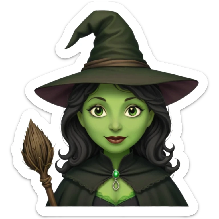 elphaba the wicked witch from wicked movie (cynthia erivo) dark long curly hair, thick lips, wide nose, green skins, witch hat, witch broom, evil, wicked musical film, evil smirk evil scary cynthia erivo sticker