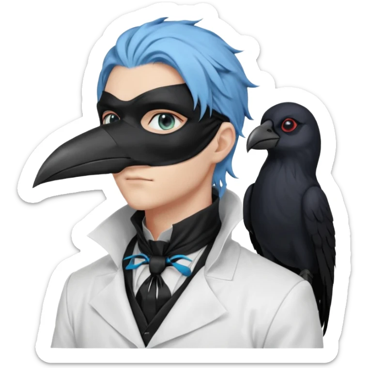 Handsome sexy adult anime man with light-blue hair and a black bird beak mask that covers whole face, black face mask, black mouth mask, black feathers draped over shoulder, wearing a white lab coat, long thin hair tendrils on the sides, with a mechanical raven sidekick, blue cravat, red eyes sticker