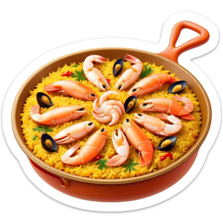 Cinematic Realistic Paella Dish Emoji, depicted as a vibrant, aromatic rice dish loaded with seafood, chicken, and saffron rendered with rich textures and dynamic, warm lighting. sticker