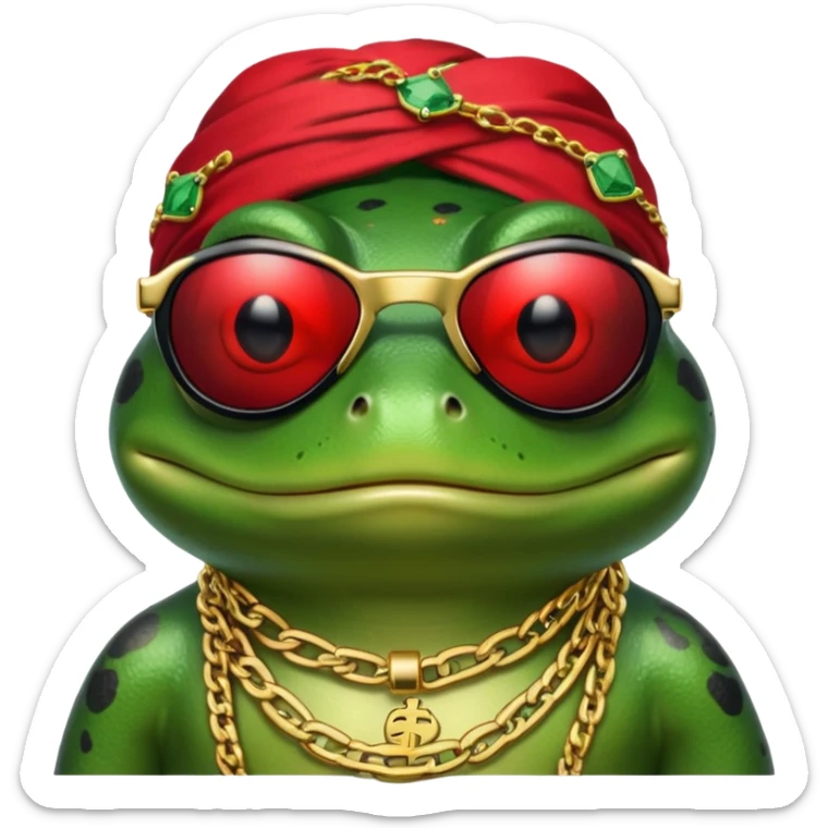 thug life frog wearing black sunglasses, gold chain, bandana, dollar sign bling sticker