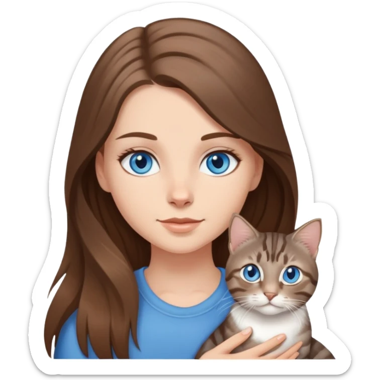 White girl with blue eyes and long brown hair, holding gray tabby cat sticker