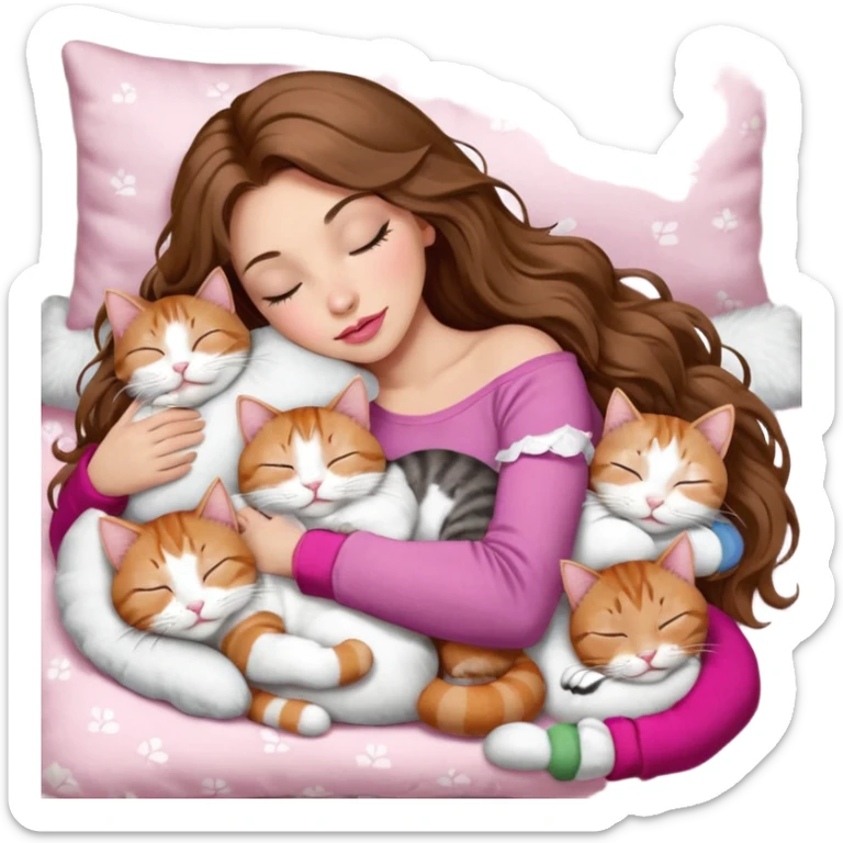 girl with long wavy brown hair, brown eyes, long lashes makeup, sexy pink lips, light to medium complexion,  sleeping on a cozy pillow, with 6 cats: 1 brown and white tabby cat, 1 ginger and white, 2 grey and white, 1 grey has white mittens and small white patch on its chest and 1 calico, sleeping sticker