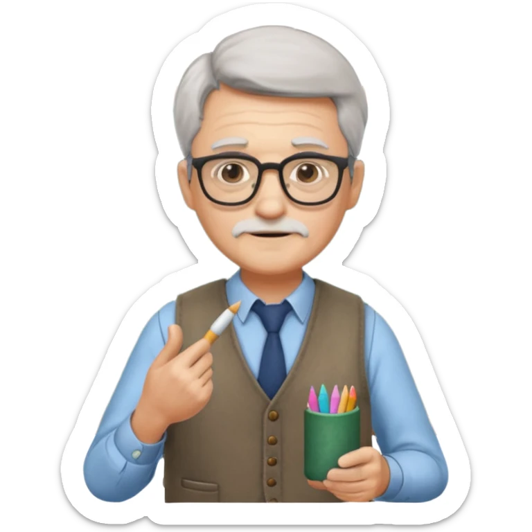 Man teacher: old, wearing vest, wearing glasses, hold chalk on their hand sticker