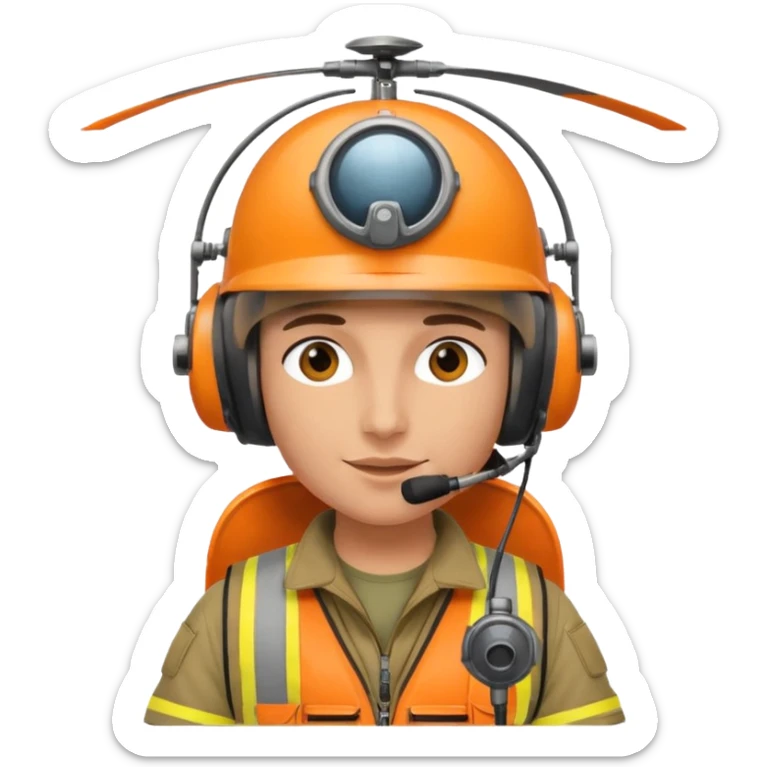 Helikopter-Flughelfer mit Oranger Weste und Helikopter Flug Helm auf dem Kopf inkl. am Helm integrierten Mikrofon vor dem Gesicht. sticker