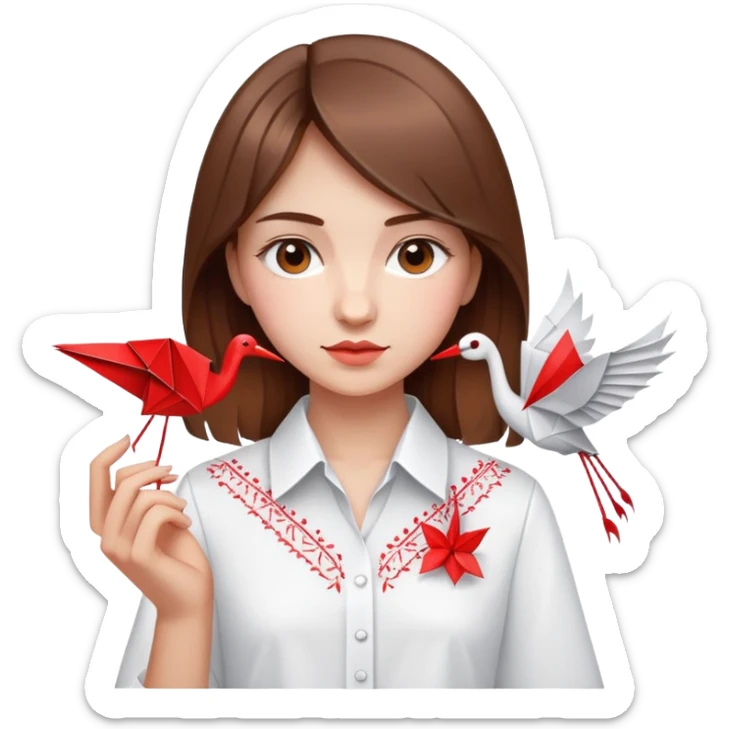 Ukrainian young girl with brown hair wearing a white embroidered shirt holds an origami red crane sticker