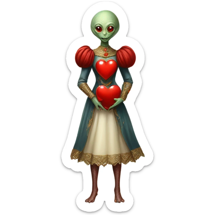 a Reptilian alien woman full body in Romanov dress, holding big red heart sticker