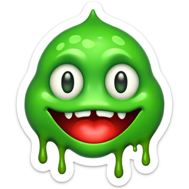 A 2D flat-design green emoji with melting, slimy skin. Its bloodshot eyes glow neon green, and its mouth oozes toxic sludge. 2D flat design, ultra-HD, 8K rendering, bold colors, high contrast, smooth shading, plain white background,  sticker
