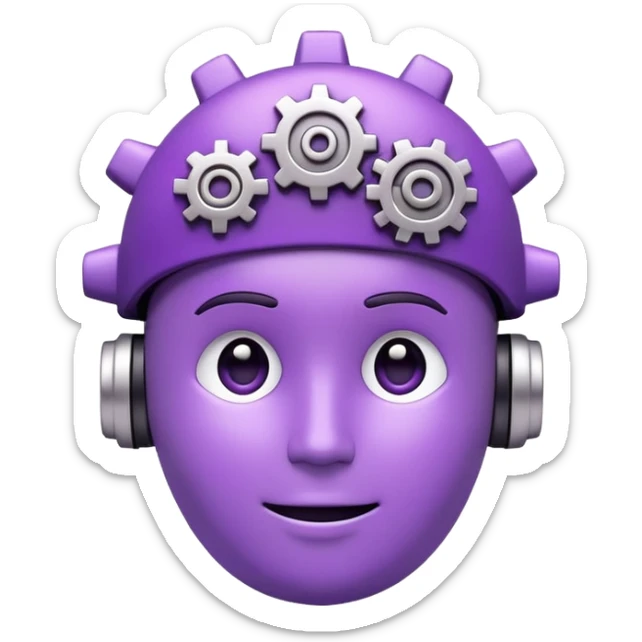 3D emoji of a thinking face with a gear above the head, purple theme, soft glow, chatbot assistant style

 sticker