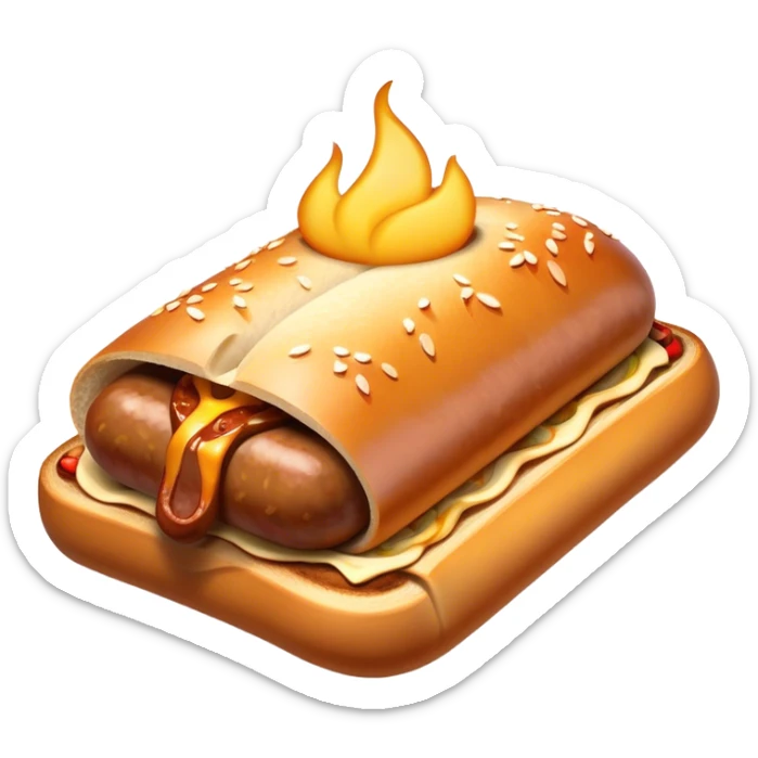 Sausage Sizzle Cinematic Realistic Sausage Sizzle Dish Emoji, depicted as a sizzling sausage tucked into a triangular slice of bread, rendered with rich textures and dynamic, warm lighting. sticker