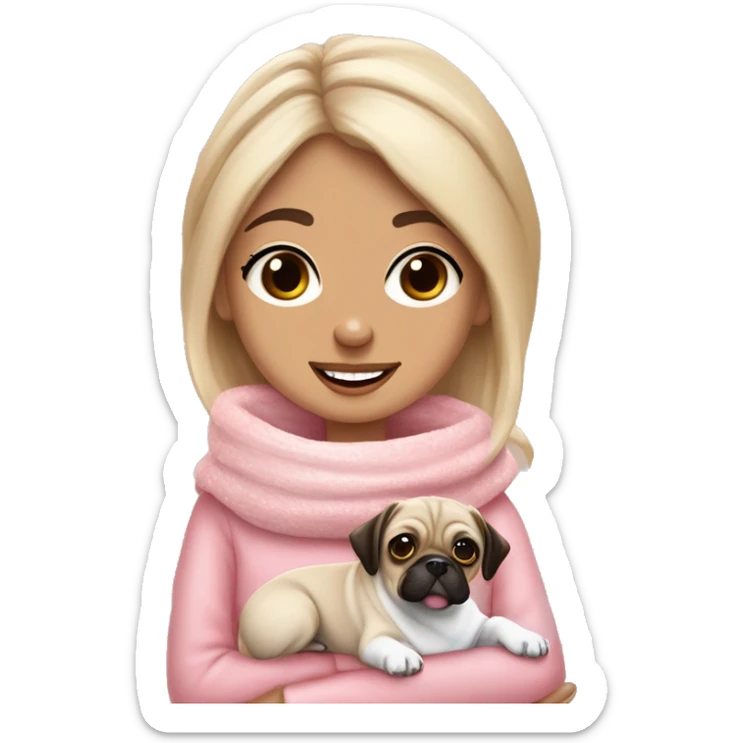 Recreate the first one Blonde girl with white scarf pink jumper cup of hot chocolate, marshmallows a flake and cream. With a jack russel mix pug brown dog sticker