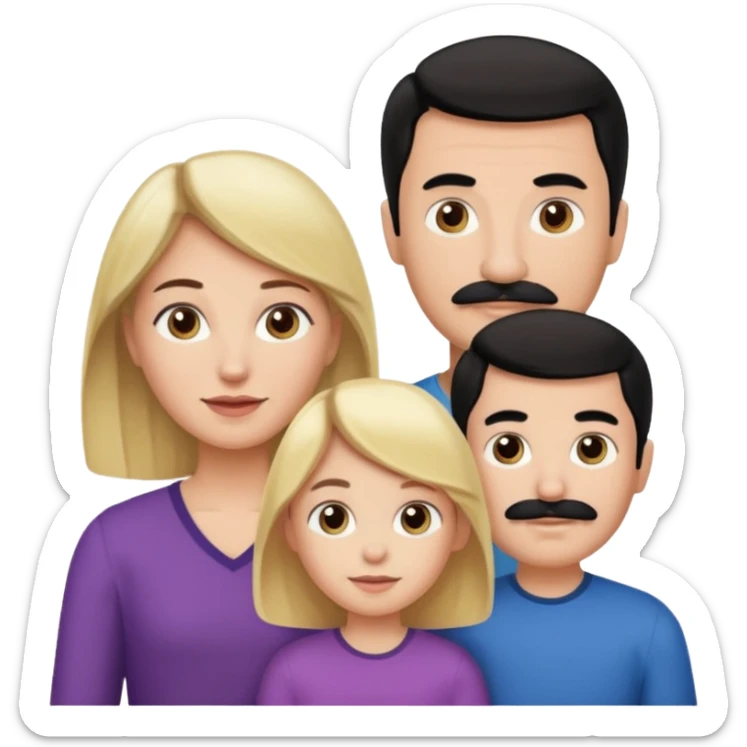 Mom with brown hair. Dad with black hair and mustache. 1 son with blonde hair. 1 son with blonde hair. 1 daughter with blonde hair. sticker