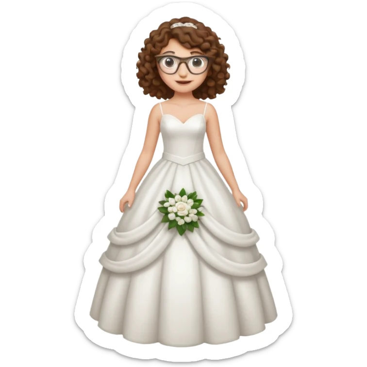 Chica blanca, pelo rizado y castaño,gafas, vestido novia, cuerpo entero sticker