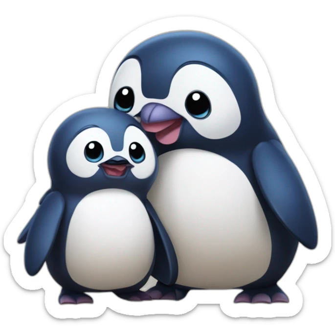 pareja de pingüinos disfrazados de stitch con una gatita sticker