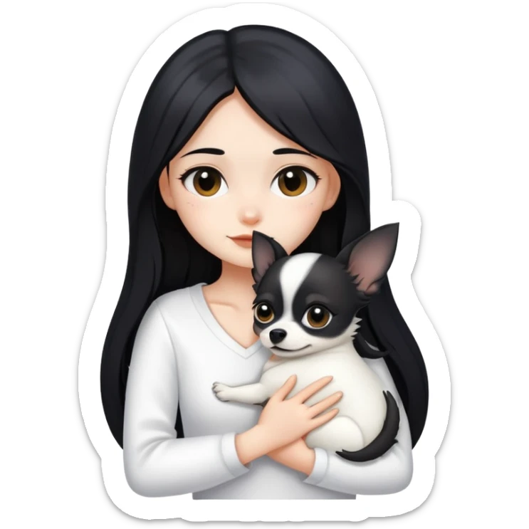 Fair-skinned girl - long black hair - white clothes - hugging a black chihuahua sticker