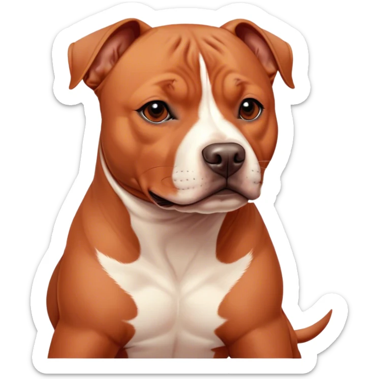 Cinematic Noble Red/Fawn Staffordshire Bull Terrier Portrait Emoji, Poised and regal, with a compact, muscular build and a sleek, well-groomed red/fawn Fur accented by subtle white markings, deep-set soulful dark eyes, Simplified yet sharp and sophisticated features, highly detailed, glowing with a soft, dignified glow, high shine, intelligent and loyal, stylized with an air of strength, focused and attentive, soft glowing outline, capturing the essence of a watchful and confident guardian, so majestic it feels as though it could stride out of the screen with effortless authority! sticker