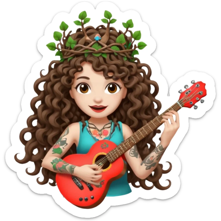 woman with long curly brown hair, brown eyes, white skin, tattoos, wearing a mushroom crown and tuning a neon vine guitar, mischievous rock grin sticker