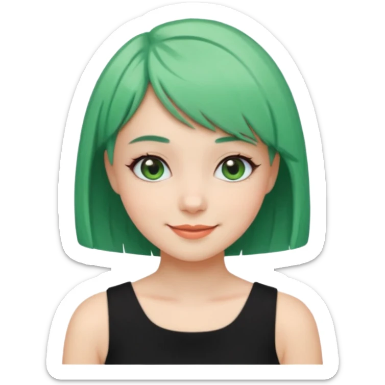 Girl with Mint Bob Cut – short green hair, cheerful smile, black dress sticker