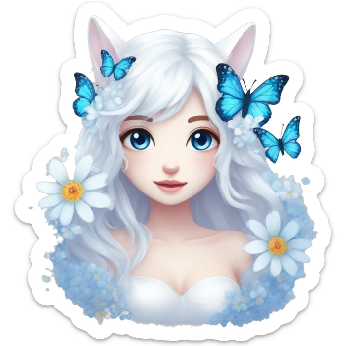 Edgy Cute Cool Kawaii gorgeous sparkly ethereal white fantasy animal with blue eyes sona with flowers and butterflies sticker