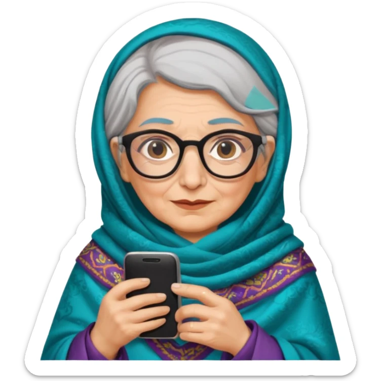 persian old woman Persian shawl with smartphone and glasses, half body sticker