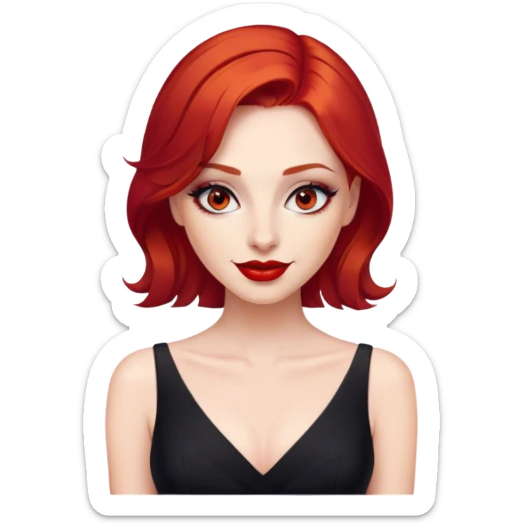 a woman with red hair and red eyes. The woman wear a black dress. She have red lipstick and she have a seductive look and smile sticker