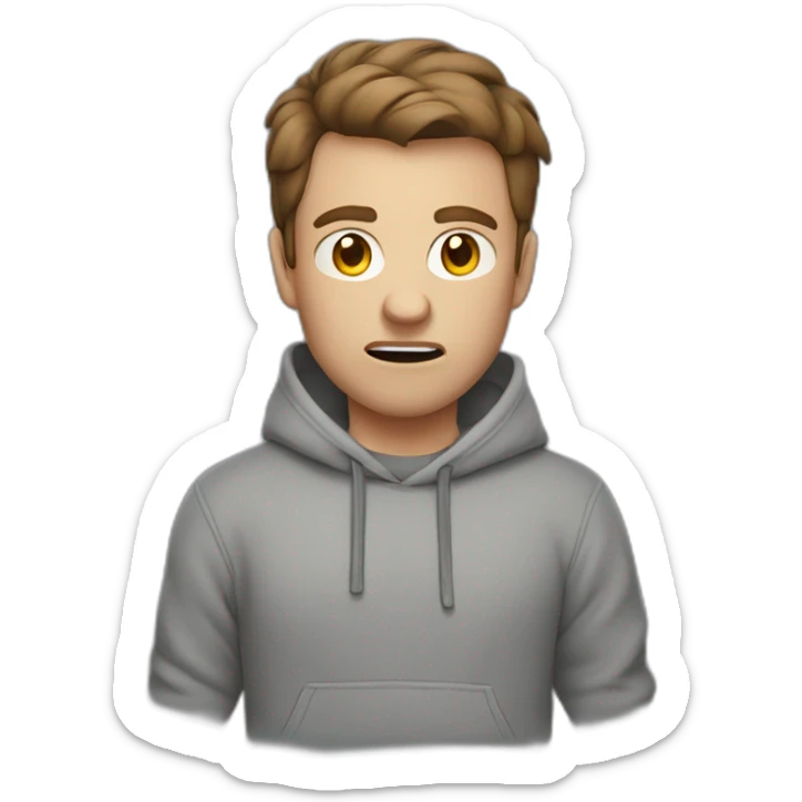 a white male with VERY VERY short brown hair is angry and wearing gray sweatshirt sticker