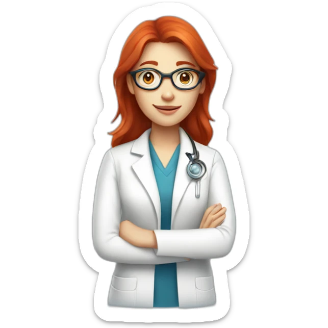 Female scientist in white coat with straight red hair and glasses blue eyes sticker