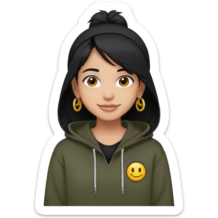 person with military cut black hair, brown eyes, wearing 2 circle earrings and a black hoodie with a smiley face sticker
