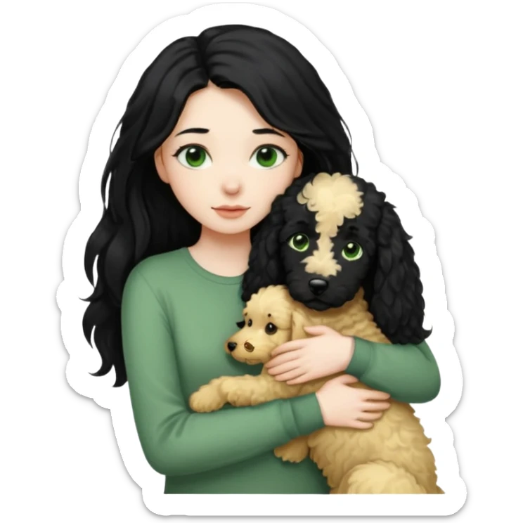 Girl with long black hair and green eyes and pale skin wearing long sleeve shirt hugging black golden doodle dog sticker